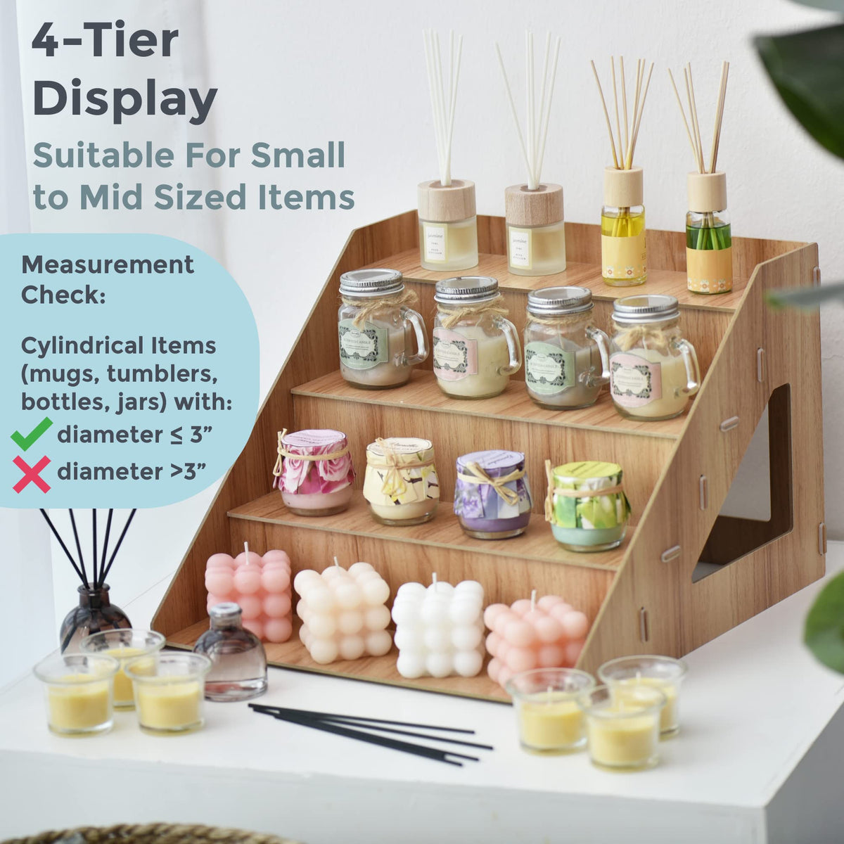 Tapeera 4-Tier Retail Wooden Display Riser - Farmers Market Craft Fair Display Rack - Candle Soap Display Stand for Craft Shows - Wood Countertop Pop Up Shop Display Rack for Tumblers Cupcakes Candy