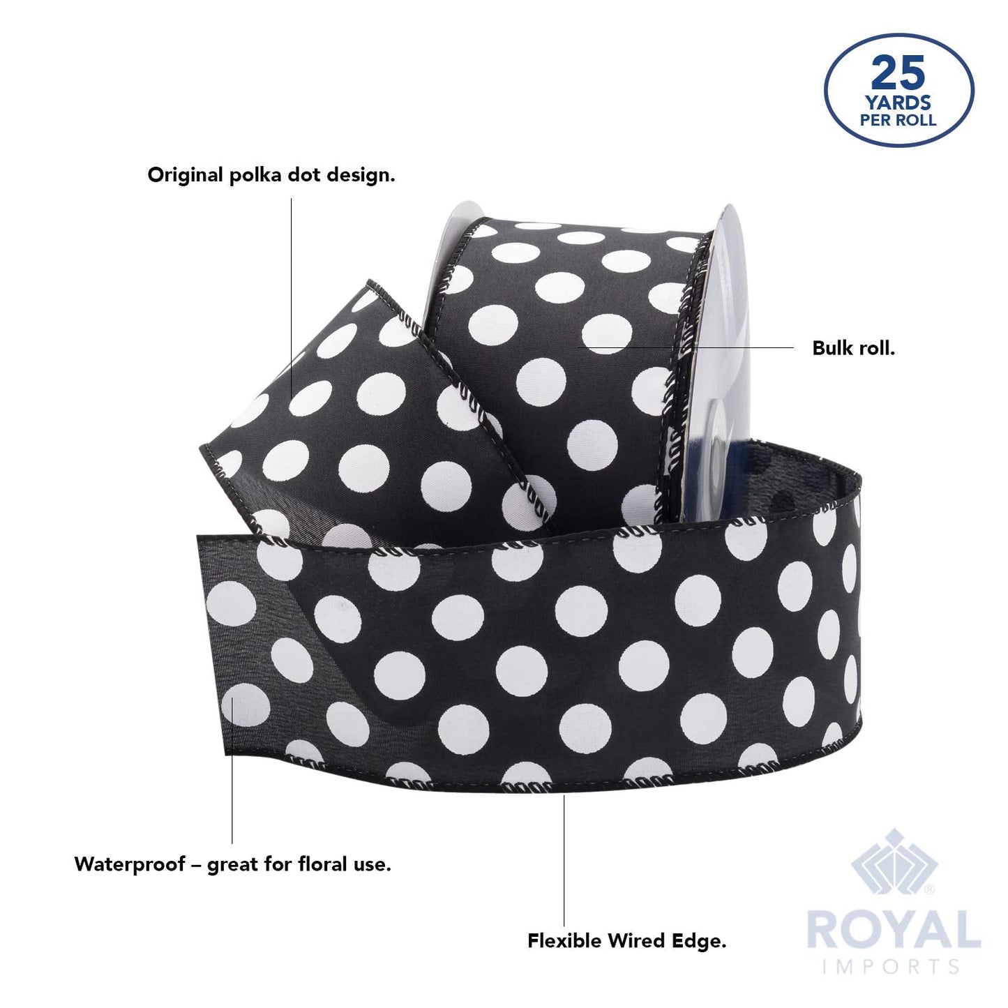 Royal Imports Polka Dot Ribbon, 2.5" (#40) Christmas Ribbon Circle Design for Floral, Craft, Holiday Decoration, 25 Yard Roll (75 FT Spool) - Black/White