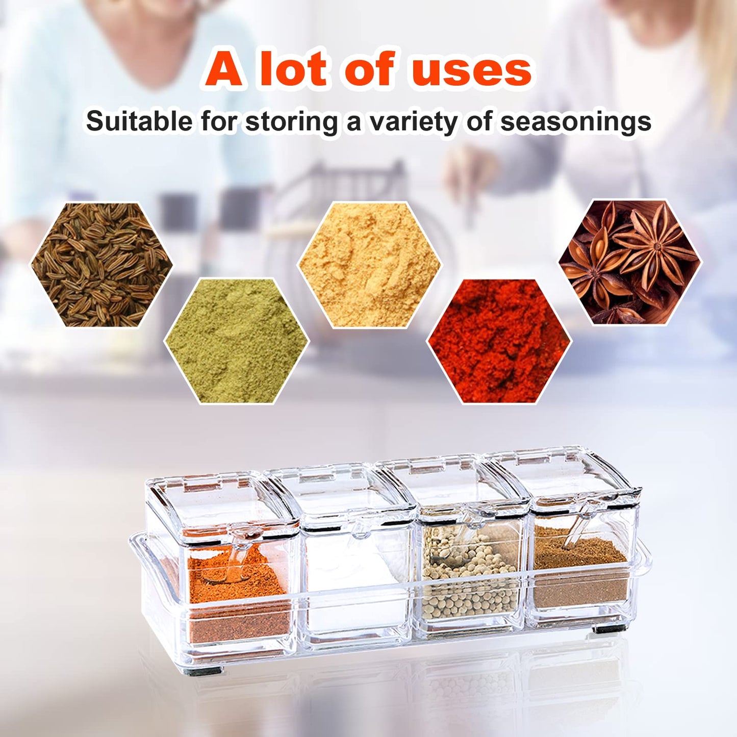 ZGWJ Acrylic Kitchen Spice Pots, 4 Piece Clear Seasoning Box Set, Storage Container Condiment Jars for Spice Salt Sugar Cruet, Seasoning Rack Spice Pots with Cover and Spoon