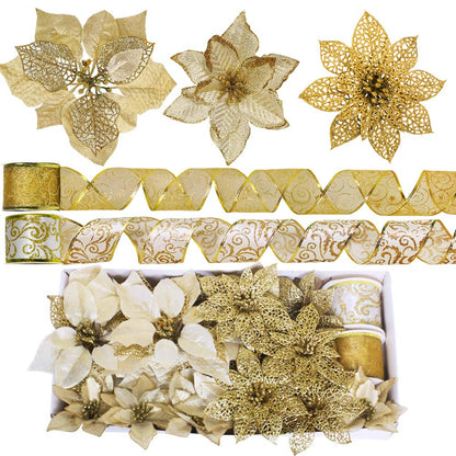 Winlyn 26 Set 3 Style Christmas Gold Glitter Poinsettia Flowers Picks Xmas Tree Ornaments and 20 Yards Decorative Gold Glittered Wired Ribbon for Christmas Tree Wreaths Garland Holiday Décor