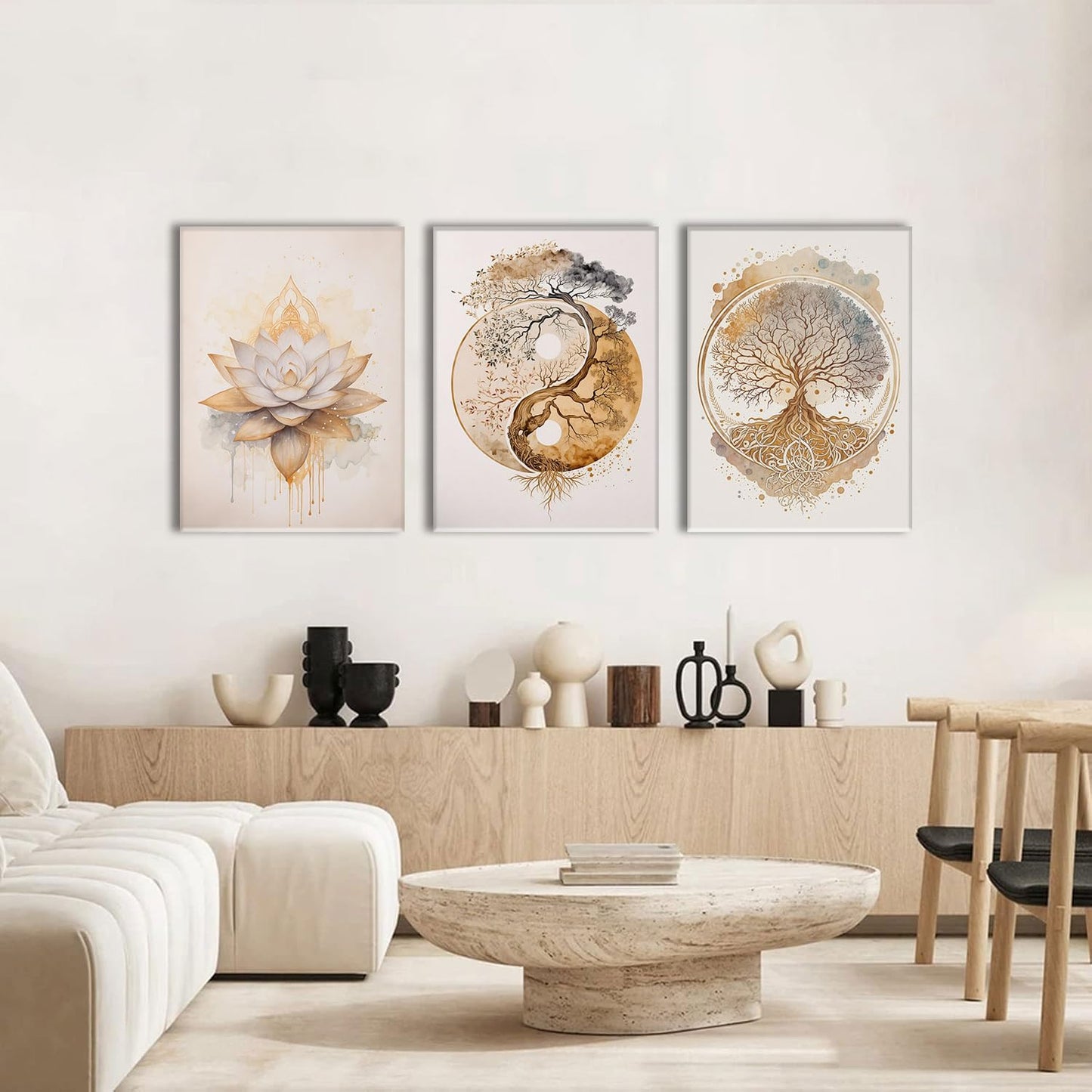 AOYUSMO 3 Piece 3 Piece Tree of Life Wall Art Zen Wall Decor Yoga Room Canvas Art Modern Gold Lotus Flower Pictures Spiritual Meditation Paintings Spa Artwork For Living Room Bathroom