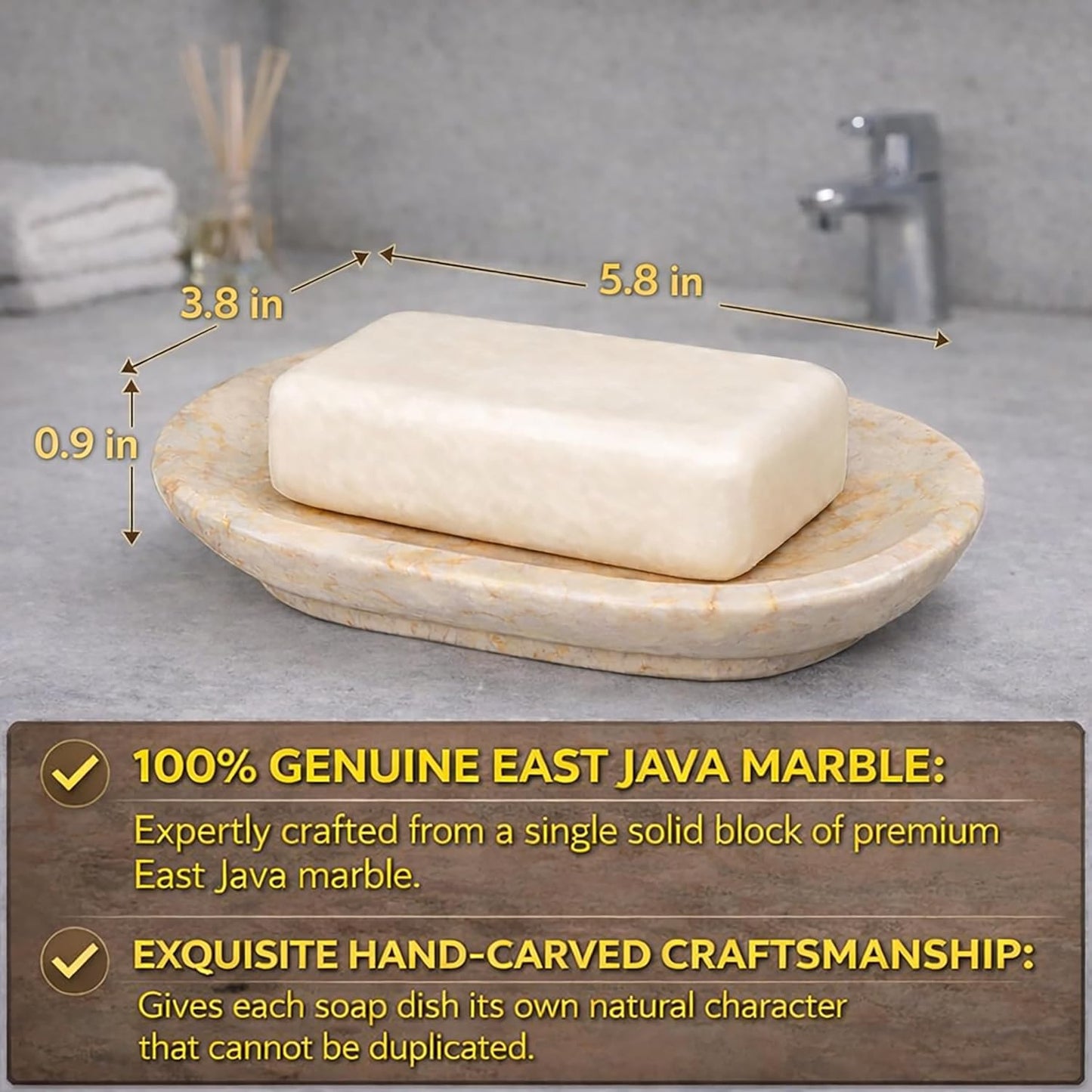 Creative Home Natural Champagne Marble Soap Dish for Bar Soap, Compact Beige Stone Soap Holder for Bathroom Sink and Shower Shelf, Solid Marble, 5.8 x 3.8 x 0.9 in