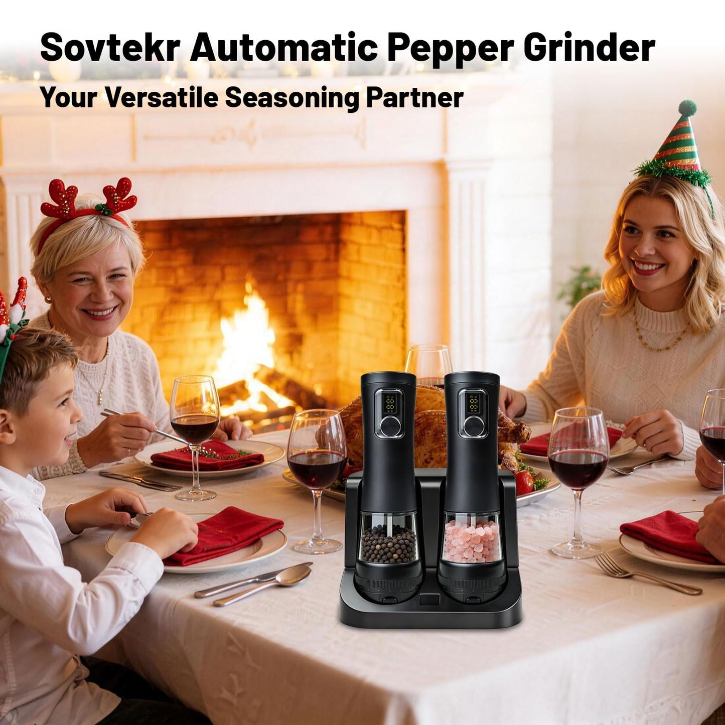 Sovtekr Electric Salt and Pepper Grinder Set, 5 External Coarseness Levels, Rechargeable with 2-in-1 Charging Base, LED Light, 110ml Large Capacity