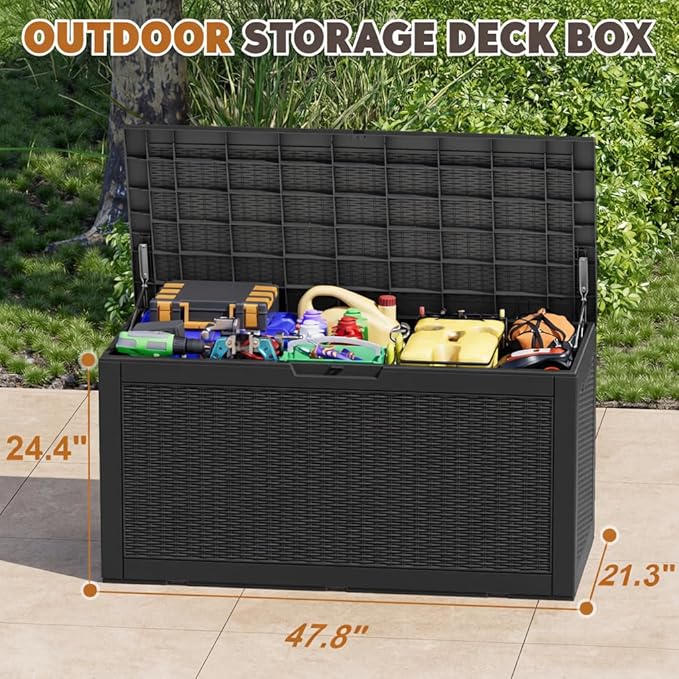Outdoor Storage Box, Resin Deck Boxes Indoor and outdoor, Waterproof Storage Box Lockable Lid (Black, 110 Gallon)
