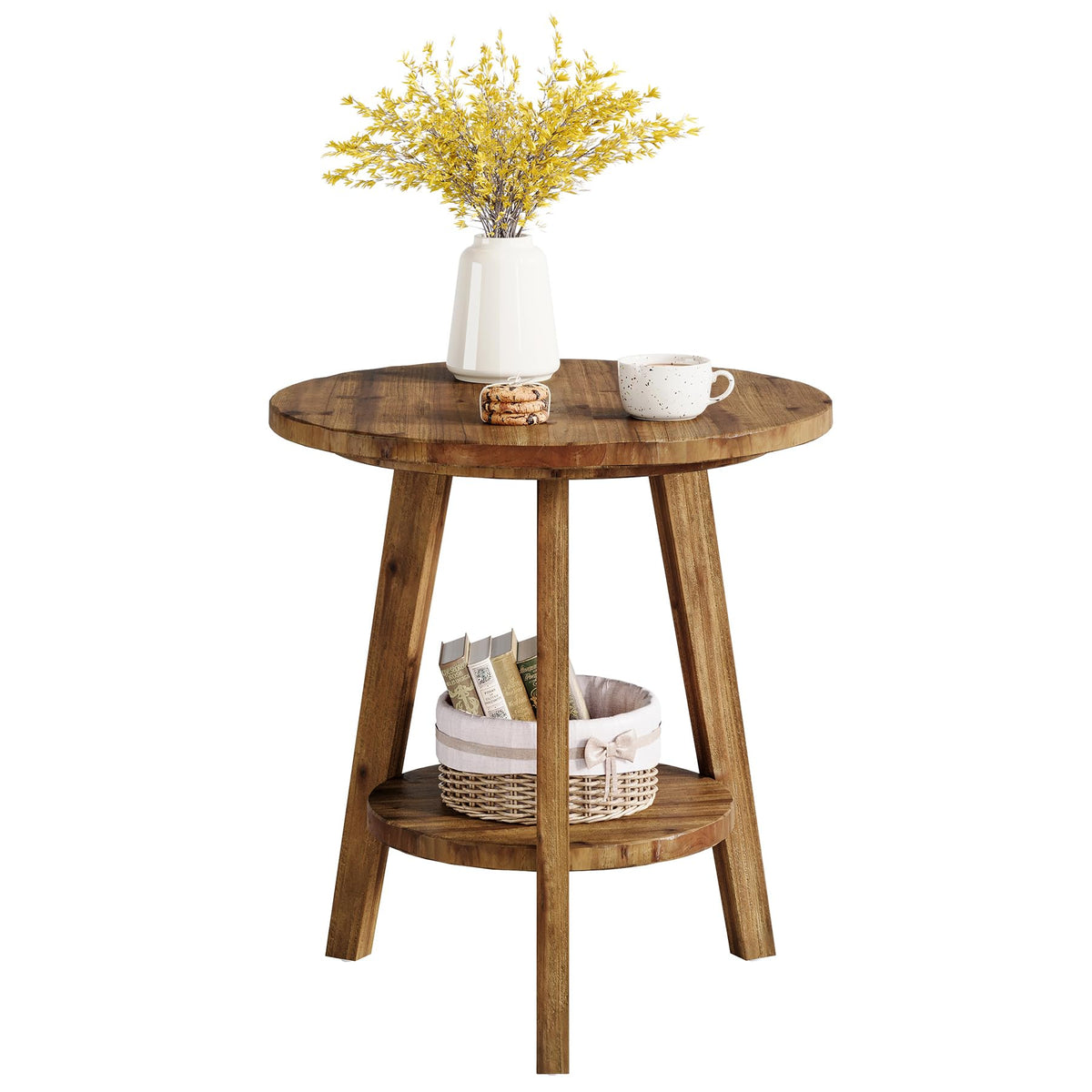 TRIBEWOOD Solid Wood Round End Table, Sofa Side Table with Storage Shelf, Farmhouse Nightstand for Living Room, Bedroom, Easy Assembly (1)