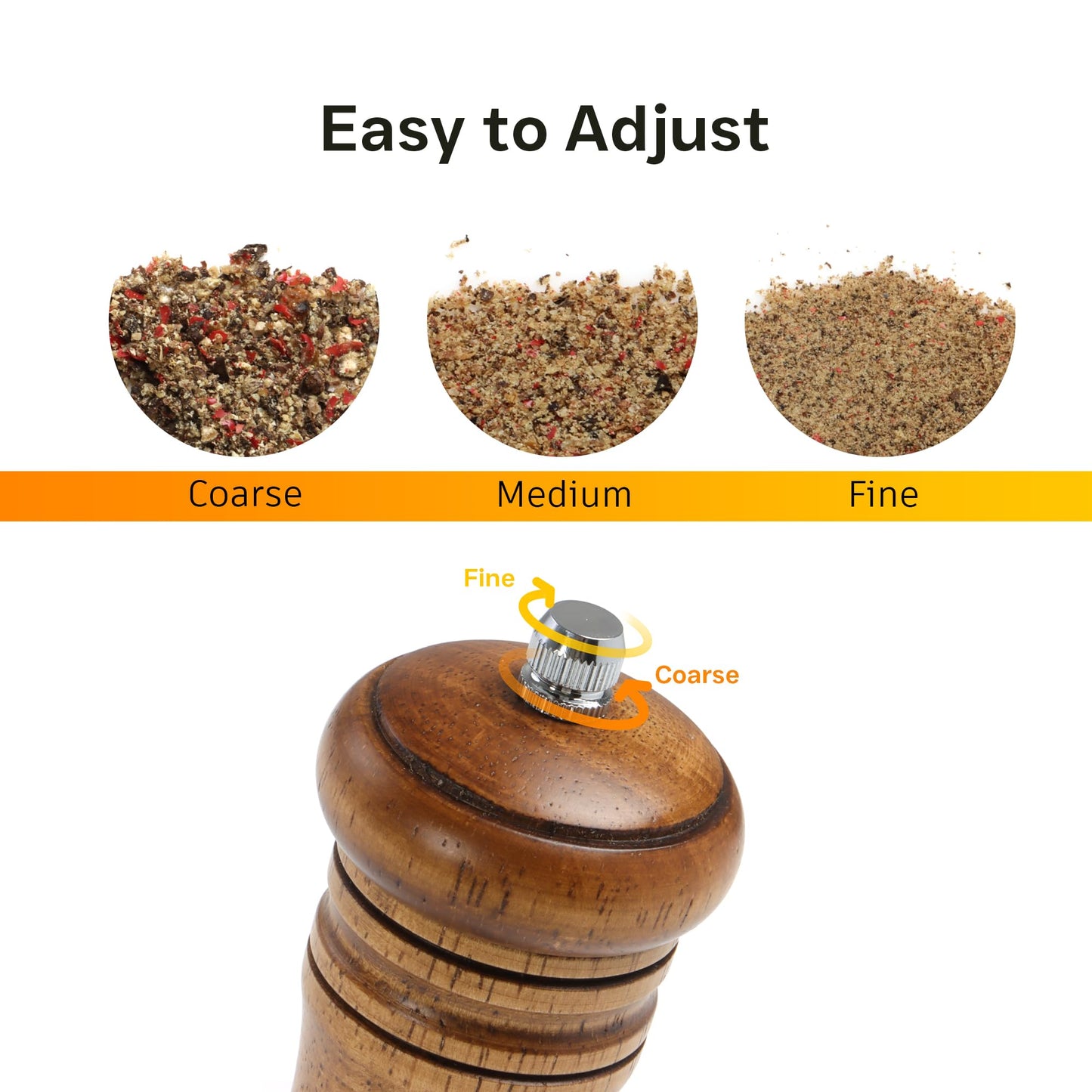 M JINGMEI Wooden Salt and Pepper Grinder Set, Premium Oak Wood Salt Grinders Shakers, Pepper Mill with Acrylic Clear Window, Adjustable Ceramic Grinder (6″ - 2 Packs with Tray)