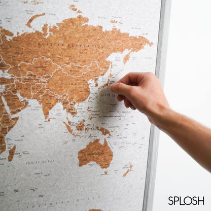 Splosh Framed Travel Map - Grey Small Wooden Pin Board with 100 Pins. Travel Map Cork Board. Wooden World Map, Corkboard Map Travel Gift. Mark your fast & future adventures!