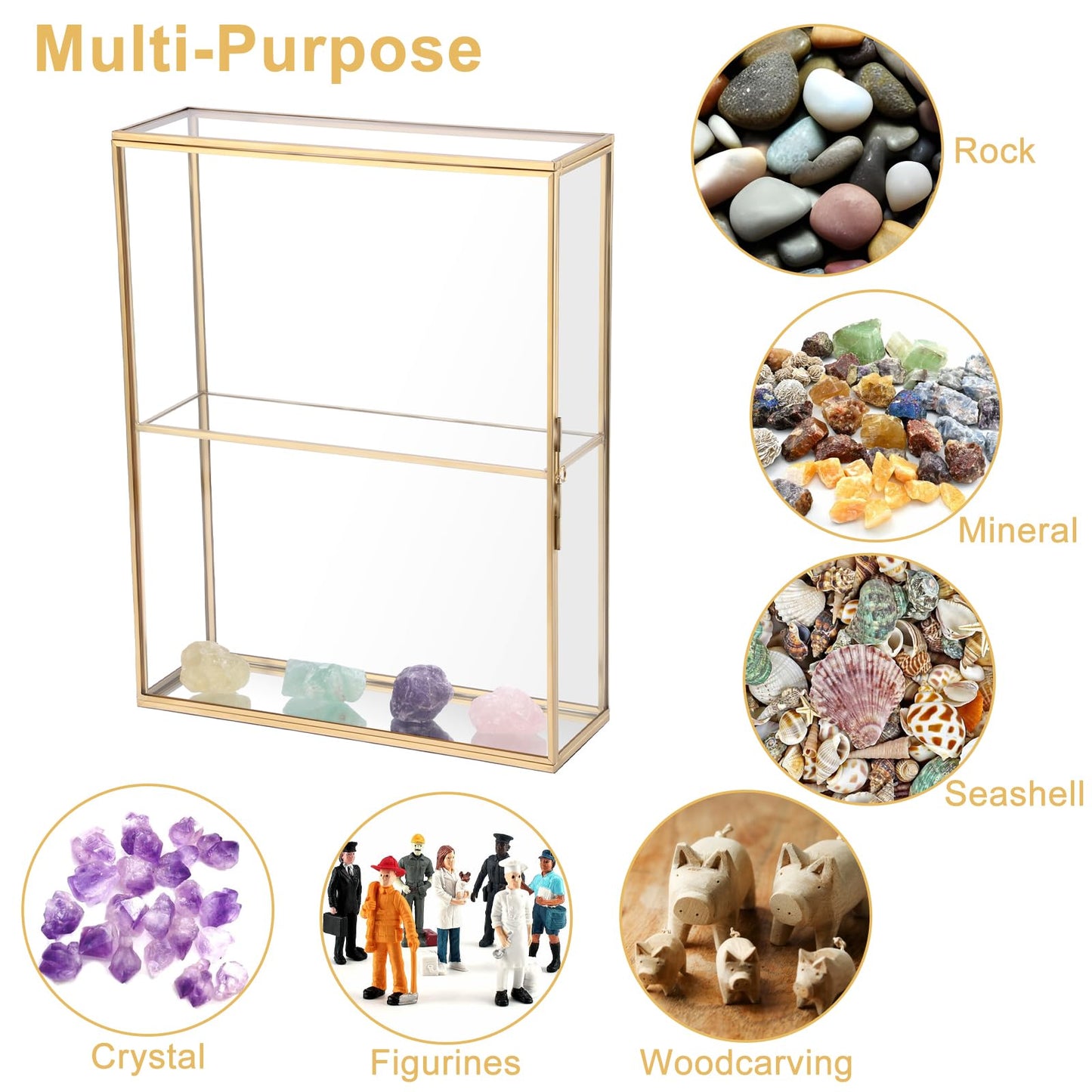 JUXYES 2 Tiers Tabletop Glass Small Figurine Display Case for Collectibles with Latch Door, Modern Clear Hobby Display Case Box with Mirror Bottom, Gold Dust Proof Case for Figurines Trinket Crystal