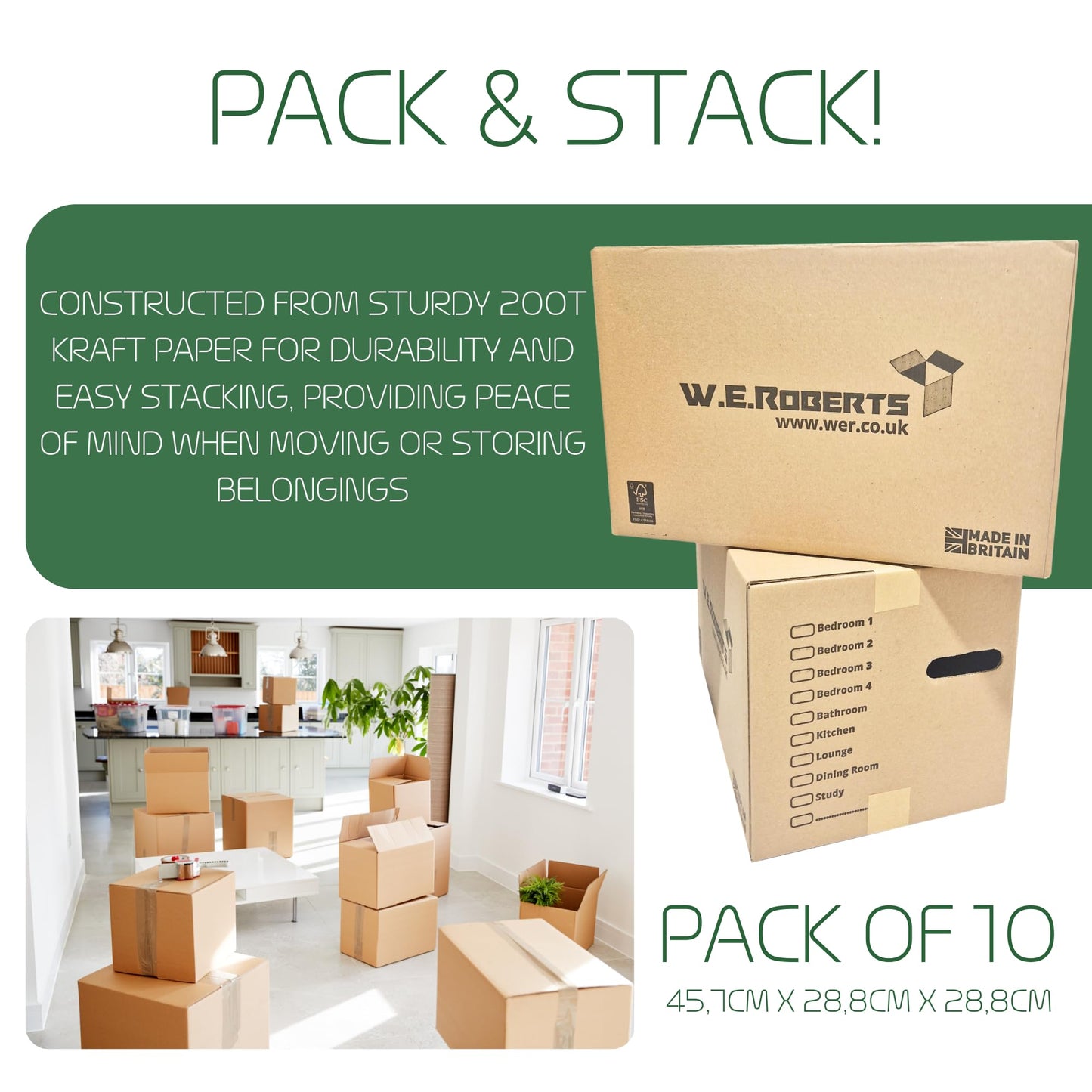Moving Boxes x 20 Large Strong Cardboard Packing Boxes for Moving House – Ideal for Storage, Moving, and Packing 45.7cm x 28.8cm x 28.8cm with Carry Handles and Room List (20)
