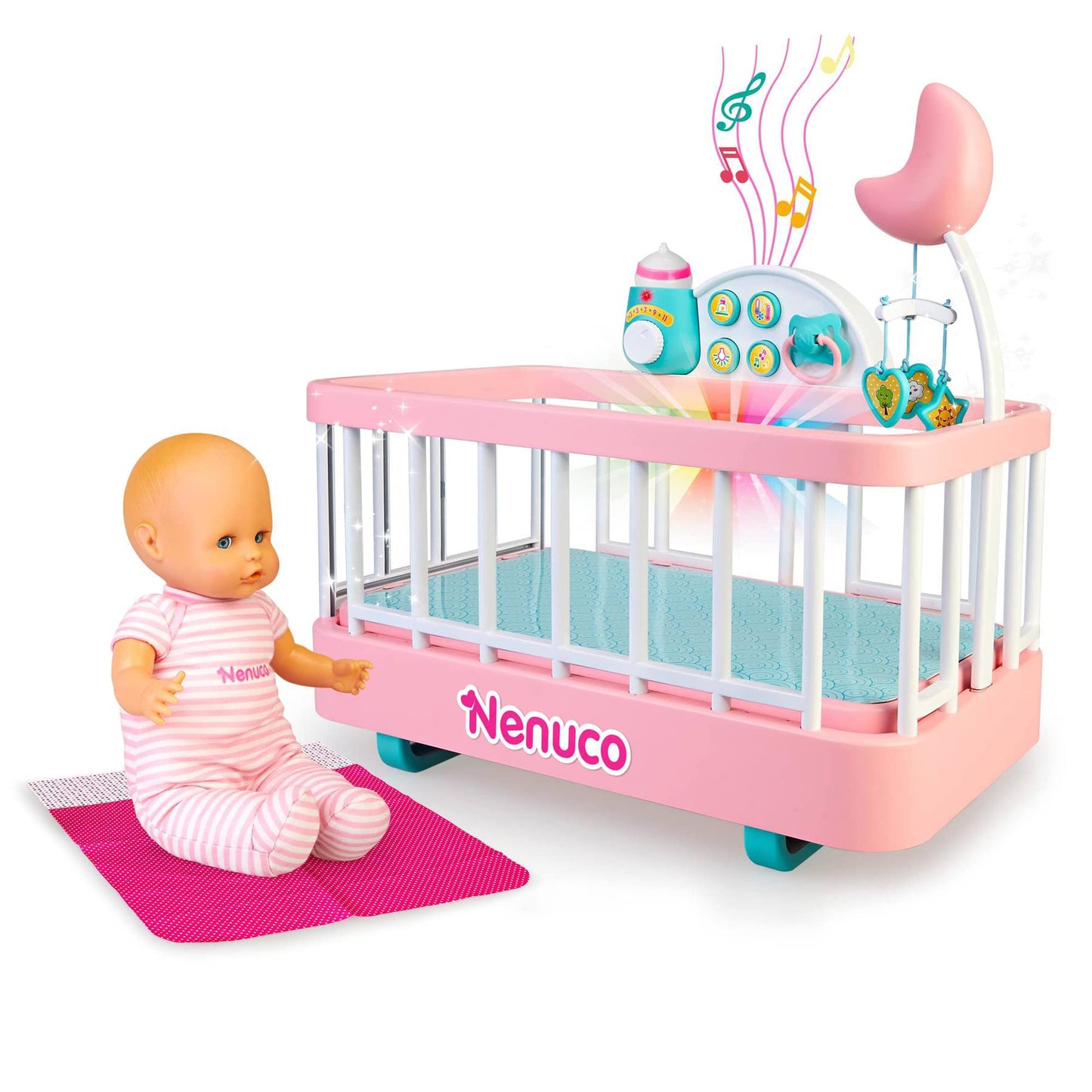 Nenuco - Good sleep cradle, interactive cot with lights and sounds, with a soft body doll for the youngest children and accessories such as bottle and soother, Famosa (700017203)