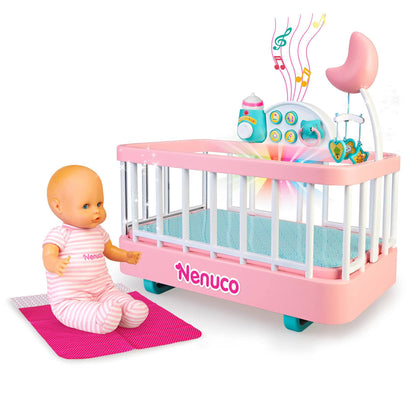Nenuco - Good sleep cradle, interactive cot with lights and sounds, with a soft body doll for the youngest children and accessories such as bottle and soother, Famosa (700017203)