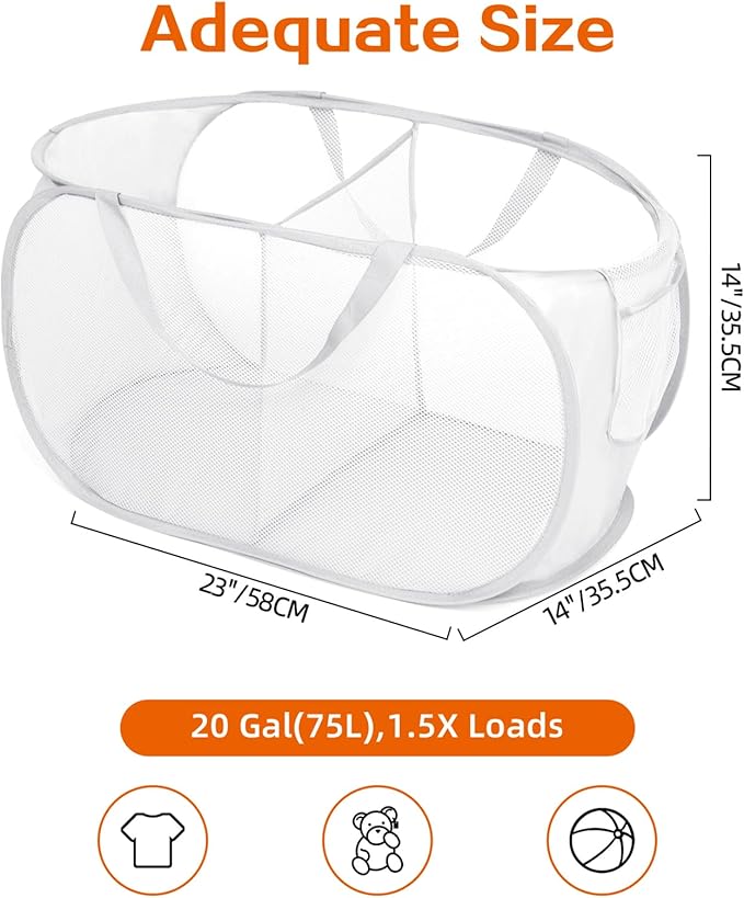 Durable Collapsible Foldable Mesh Pop Up Laundry Basket, 2 Compartments Easy to