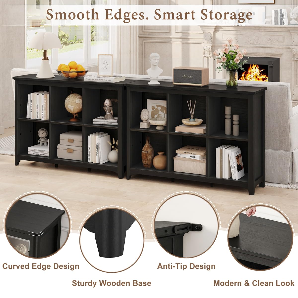 BON AUGURE 6 Cube Storage Organizer Bookcase, Horizontal Bookshelf with Curved Edge, Floor Standing Low Wooden Book Shelf for Living Room, Office -Black Oak, 43"