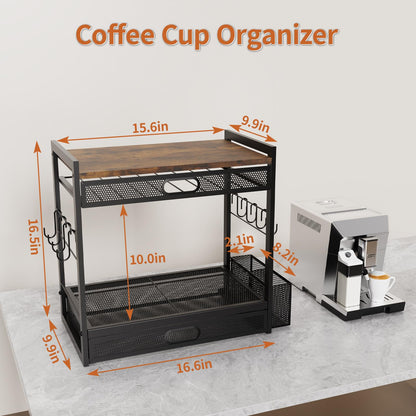 Coffee Bar Organizer Station with CoffeePod Drawer Mug Cup Holder and Tea Condiment Storage for Countertop Organizer CoffeeBar Accessories for Kitchen,Home,Office