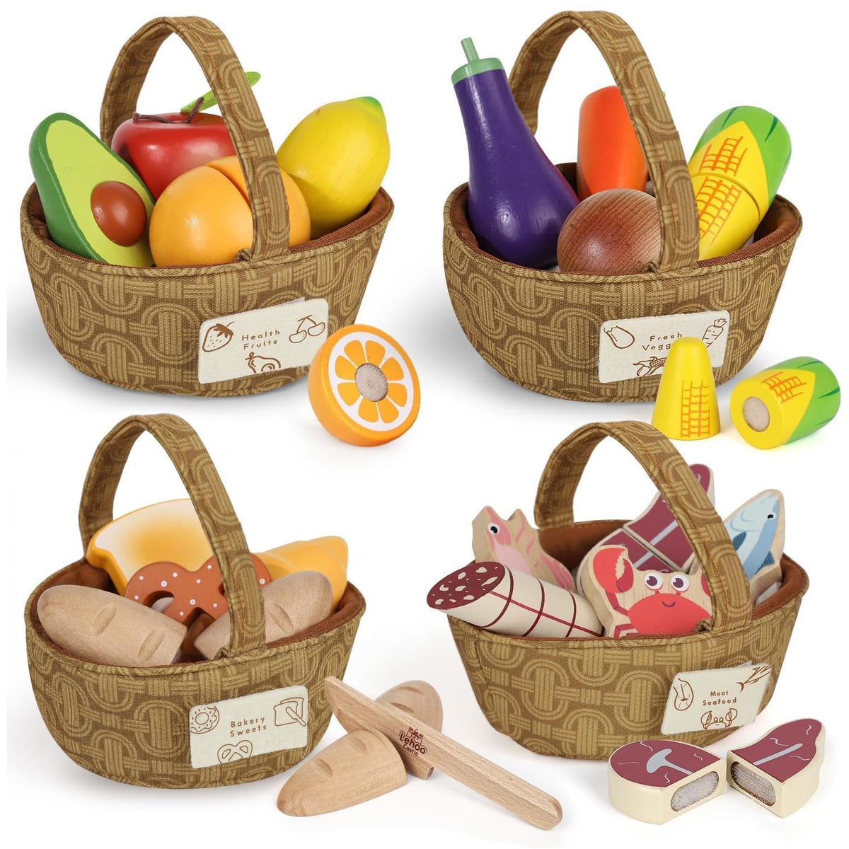 Lehoo Castle Wooden Play Food Set, Toy Food for Toddlers 1-3, Pretend Play Kitchen Accessories, Cutting Food Toys, Montessori Sorting Toys for Kids 3-5 Girls Boys