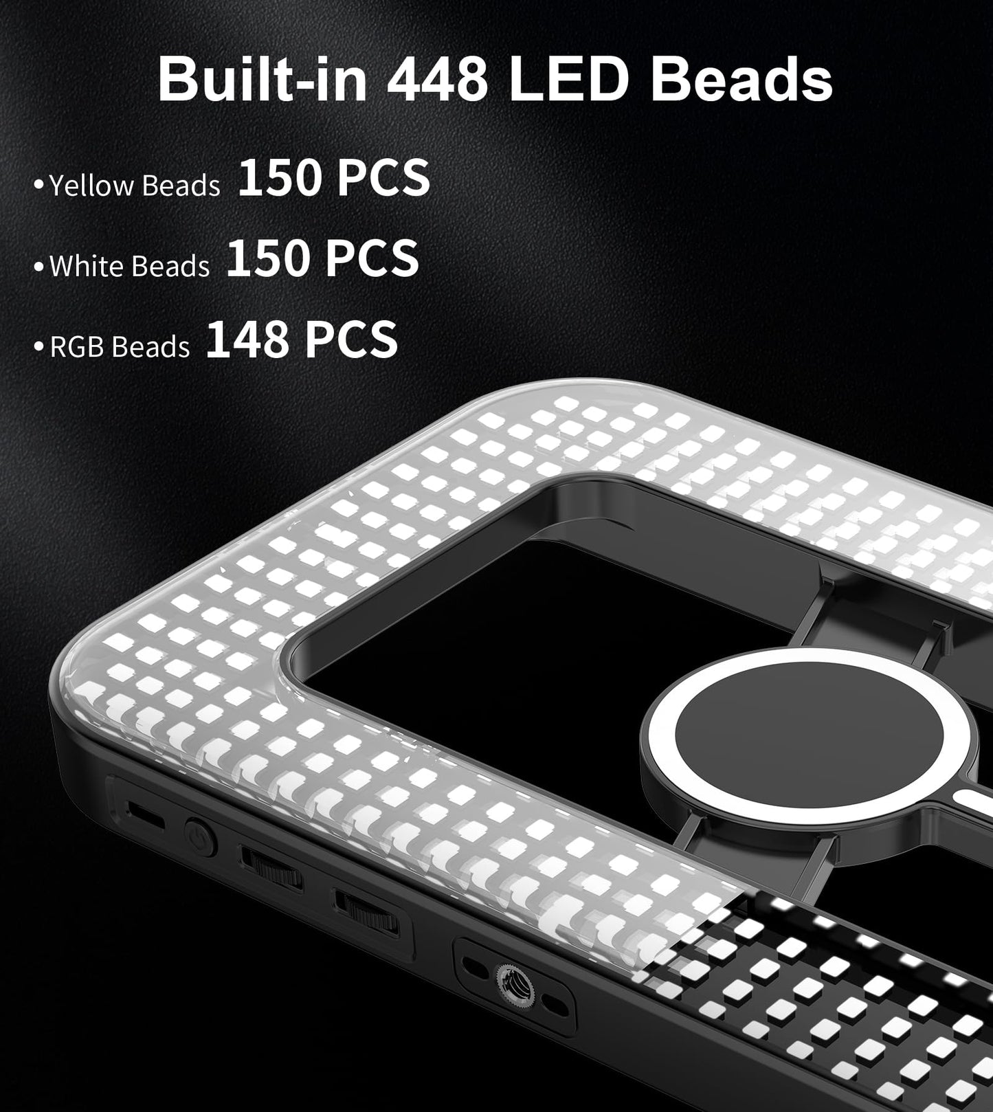 Double-Sided Magnetic Phone Ring Flash with Mini Tripod Stand,448 LED 6000mAh Rechargeable RGB Selfie Light for iPhone,Handheld Stabilizer with Light for Magsafe/Phones/Video Recording/Makeup/Photos
