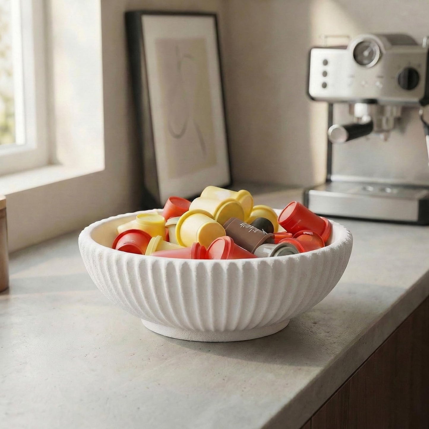 LINYTHER Large Decorative Fruit Bowl for Kitchen Counter or Table, Key Holder Bowl for Entryway Table, Bread Candy Snack Organizer, Modern Farmhouse Centerpiece Decor, White/Stripe