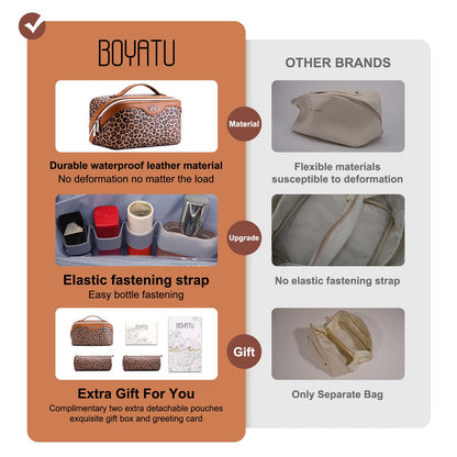 BOYATU Travel Makeup Bag for Women: 3-in-1 Modular Leopard Print Cosmetic Bag Set for 3-15 Day Trips - Waterproof Vegan Leather Toiletry Bag - Perfect for Party/Festival/Night Out - Gift Box - Brown