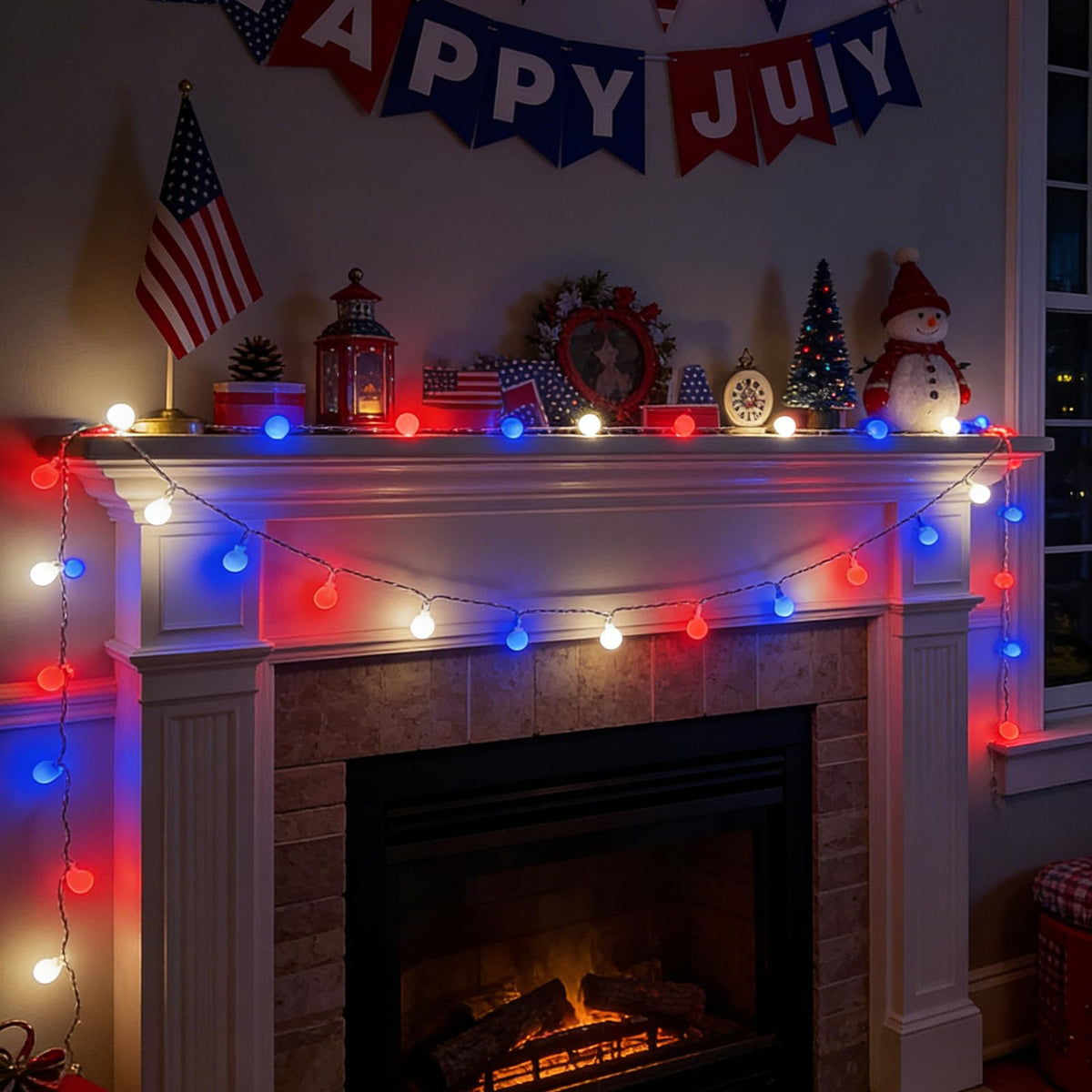 TWINGLEHOME 50 LED Patriotic Ball String Lights 16FT (5M) with Clear Wire, Waterproof Battery Box, Multifunctional Modes Lighting (Red, Cool White, Blue) for Nation Day