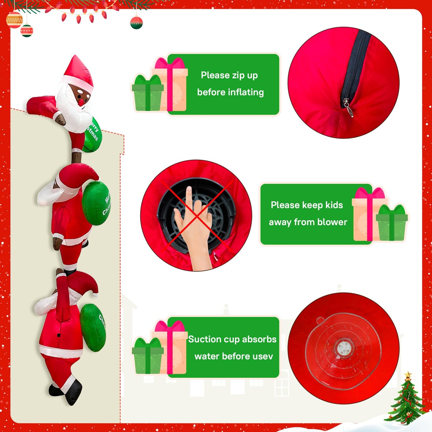 GUDELAK 8 FT Inflatable Outdoor Decoration, Black Santa Inflatable Climbing Santa Christmas Blow Up Yard Decorations with Suction Cups, Window Christmas Decorations Outside for Home Roof