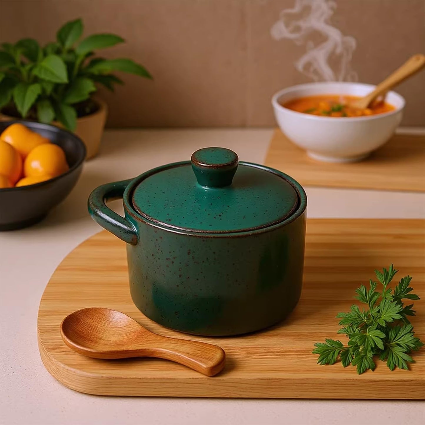 Ntwoiee 8.5 oz Ceramic Salt Cellar with Lid & Wooden Spoon,Countertop Salt Container,Used for kitchen salt, pepper, spices, sugar, candy cans (dark blue)