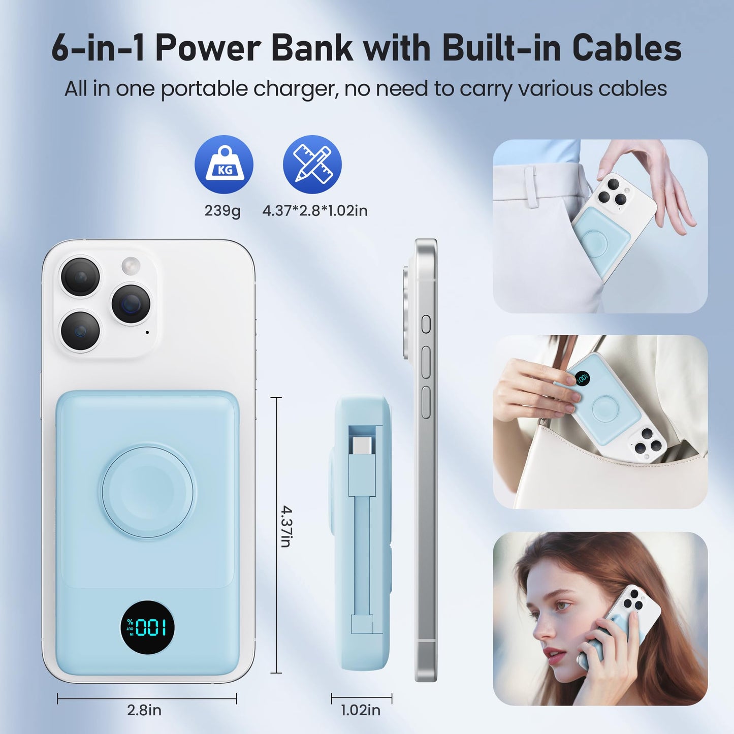 Magnetic Portable Charger for iPhone with Built-in Cables, 6-in-1 10800mAh Power Bank with iWatch Charger & LCD Display,25W PD Fast Charging Battery Pack for Magsafe,iPhone 16/15/14/13/12,Apple Watch
