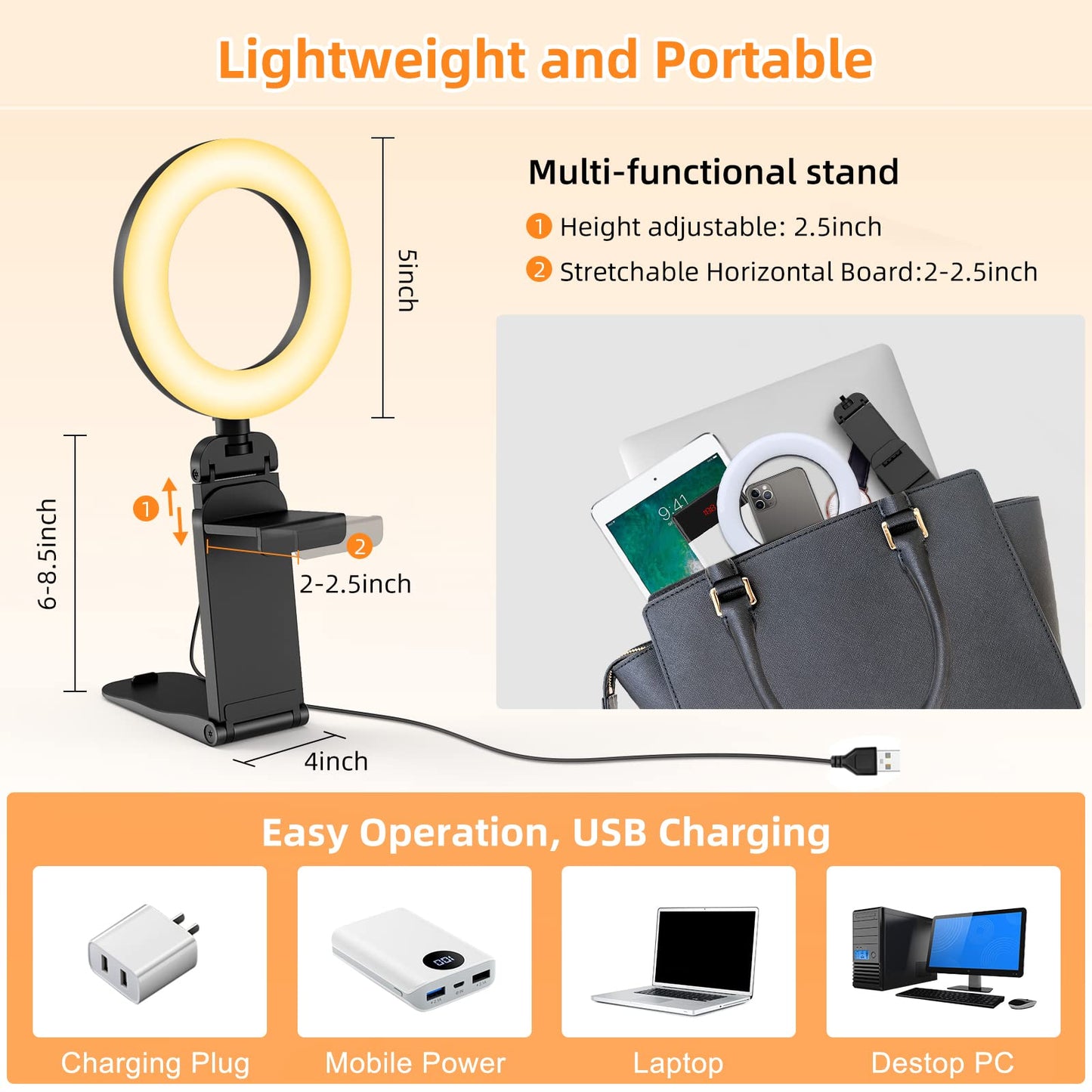 5" Desk Ring Light with Stand, LED Ring Light for Laptop Monitor, Video Conference Lighting, Zoom Meeting Light for Video Calls Selfie Makeup PC Webcam, Phone Holder with Continuous Output Lighting
