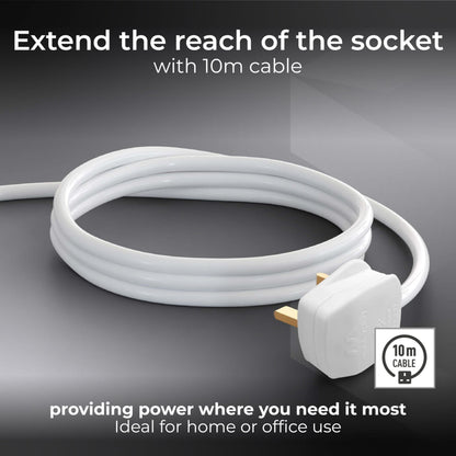 Masterplug One Socket Single Extension Lead, Unswitched, 10 Metre Cable, 1-Way Plug Extension Cable, Basic Power, White, 13A, 1G, 10m, BOG10