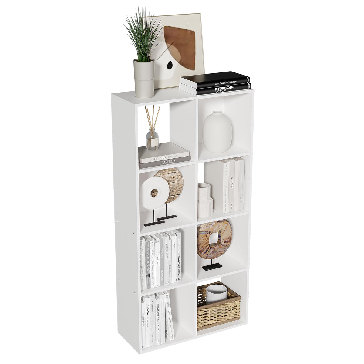 NewBeth 8-Cube Bookshelf, Tall Open Back Storage Shelves, Heavy Duty Wood Cubby Organizer for Small Spaces, Dorm Room Apartment Office, Unit for Book Toy Record Player Display (White, 8-Cube)