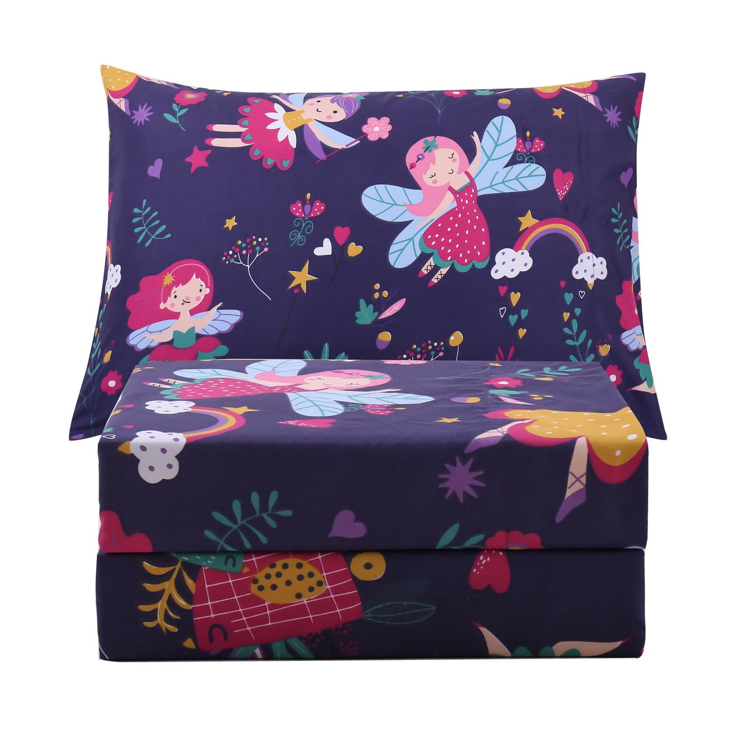 JSD Purple Fairy Kids Sheet Set Twin Size, 3 Piece Girls Floral Printed Microfiber Sheets Deep Pocket