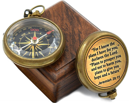 I Know The Plans I Have for You Engraved Compass with Wooden Box, Jeremiah 29 11 - Christian & Catholic Gifts for Men, Women & Graduation
