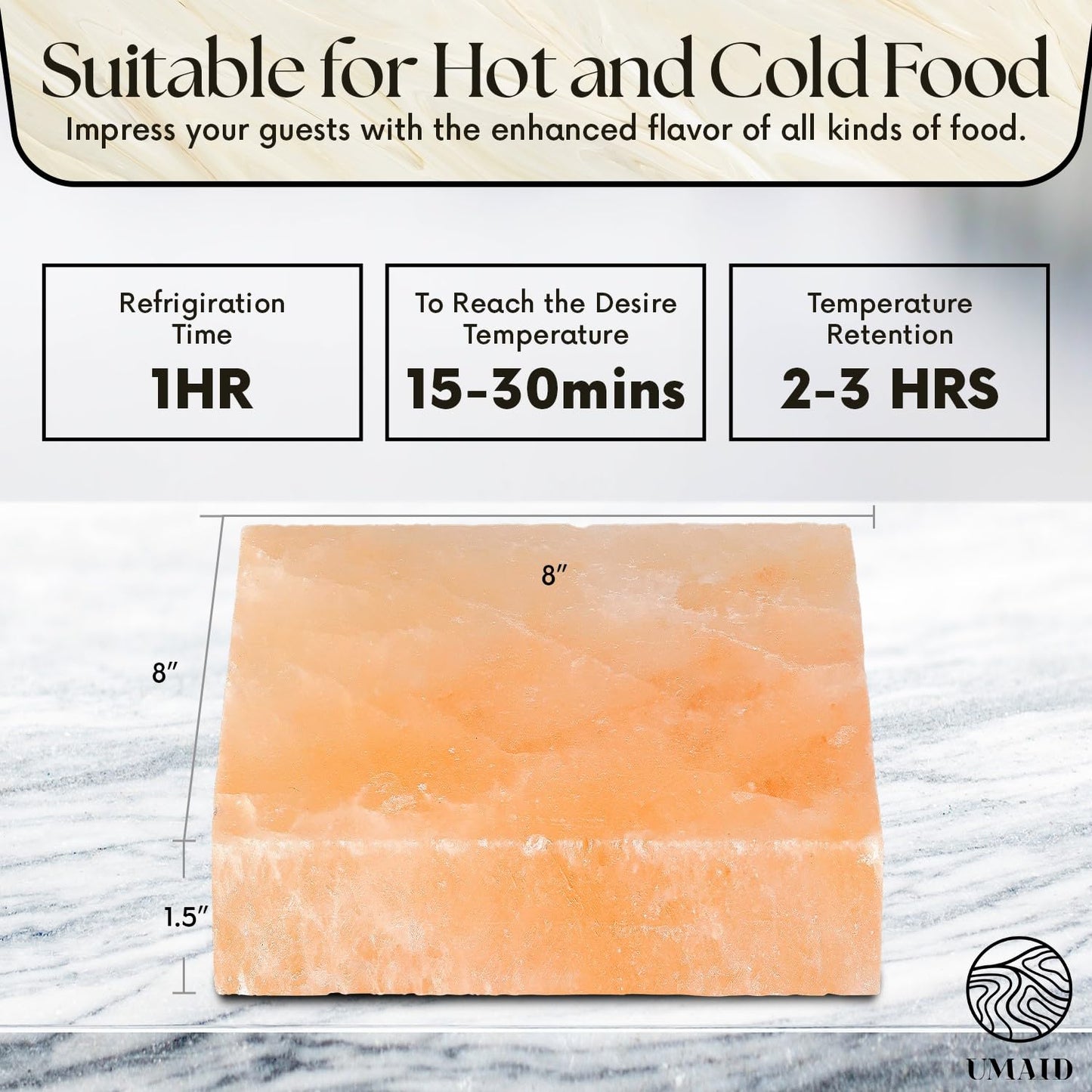UMAID Himalayan Salt Block Cooking Plate 8x8x1.5 – Food Grade Pink Himalayan Salt Stone for Cooking, Salt Block for Grilling, Serving & Cutting – Includes Steel Tray & Grilling Recipe Booklet – Unique Gifts for Men & Dad Gifts for Fathers Day