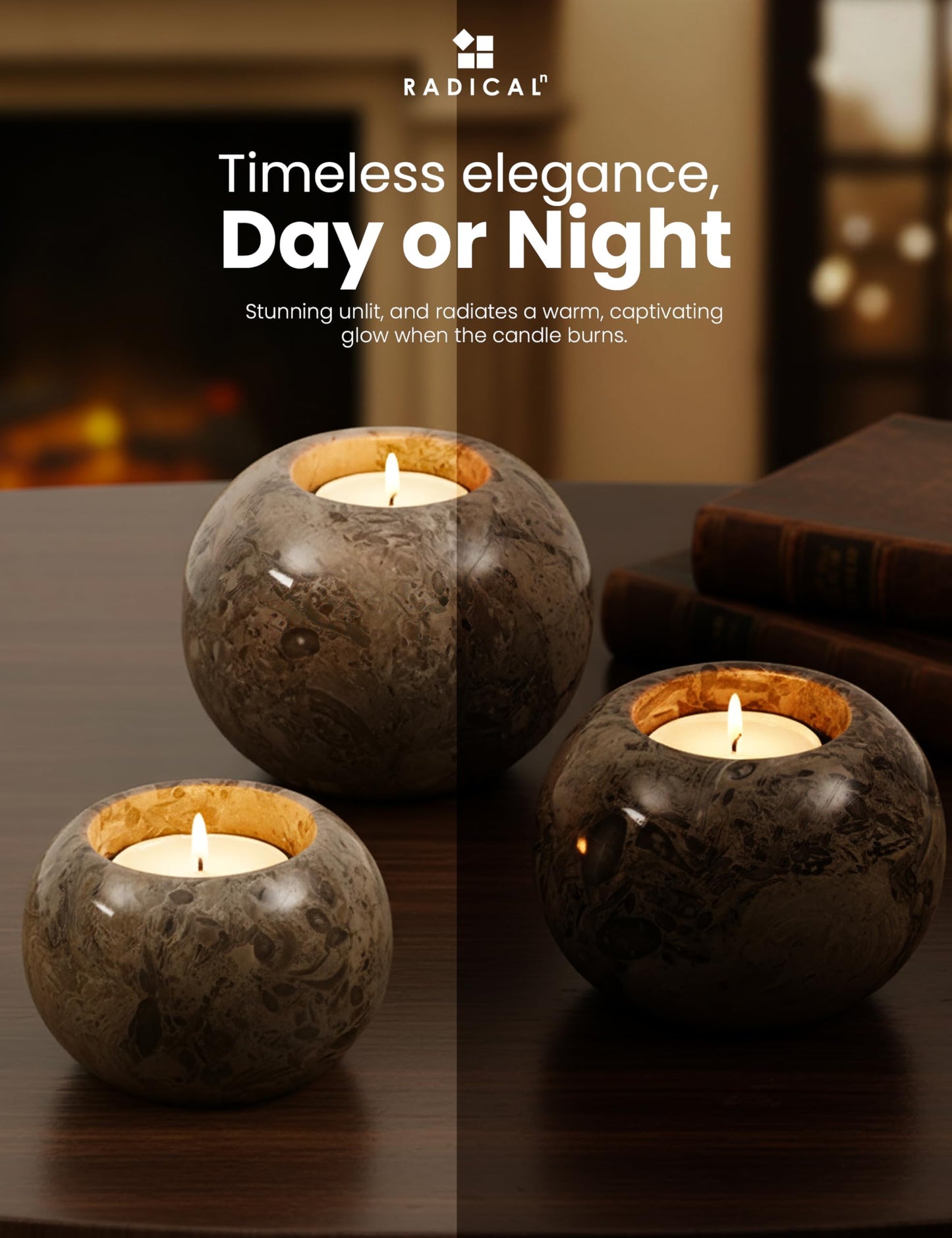 Radicaln Marble Tealight Candle Holder 4" Inch Oceanic Handmade Set of 3 Mini Candle Holders for Dining, Decorative Votive Candle Holder & Marble Taper Holder for Home Decor