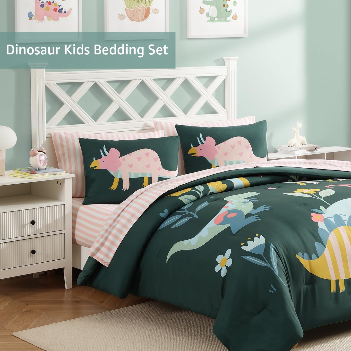 AMBERSPACE Twin XL Comforter Set for Girls, Dinosaur Kids Bedding Set with Cute Floral, All Season Boys Teen Bed in a Bag Dorm 5 Pieces with Sheets, Pillowcase & Sham