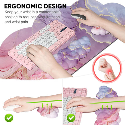 JIKIOU Large Cloud Mouse Pad Waterproof with Cloud Keyboard Wrist Pad and Cloud Mouse Wrist Pad Set, Ergonomic Computer Desk Wrist Support Mousepad for Keyboard and Mouse 35.4x15.7in Marble Pink