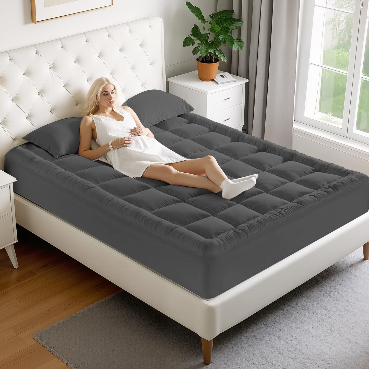 MATBEBY Queen Size Mattress Pad - Cooling Breathable Mattress Topper, Quilted Fitted Mattress Protector, Pillow Top Mattress Cover with 8-21" Deep Pocket, Machine Washable, Dark Grey, 60x80 Inches