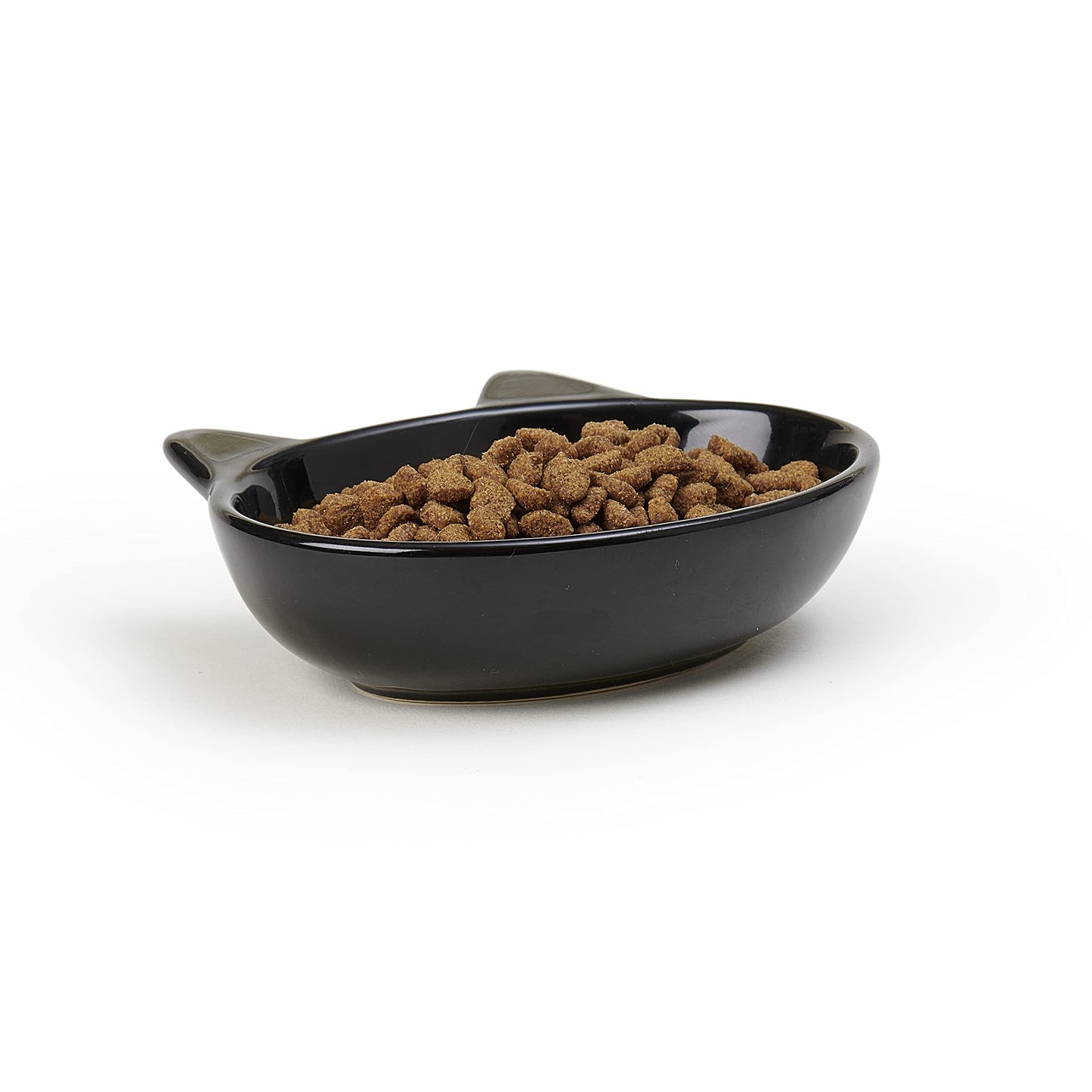 PetRageous 10011 Oval Frisky Kitty Stoneware Cat Bowl 5.5-Inch Wide and 1.5-Inch Tall Saucer with 5.3-Ounce Capacity and Dishwasher Safe is Great for Cats, Ceramic, Black