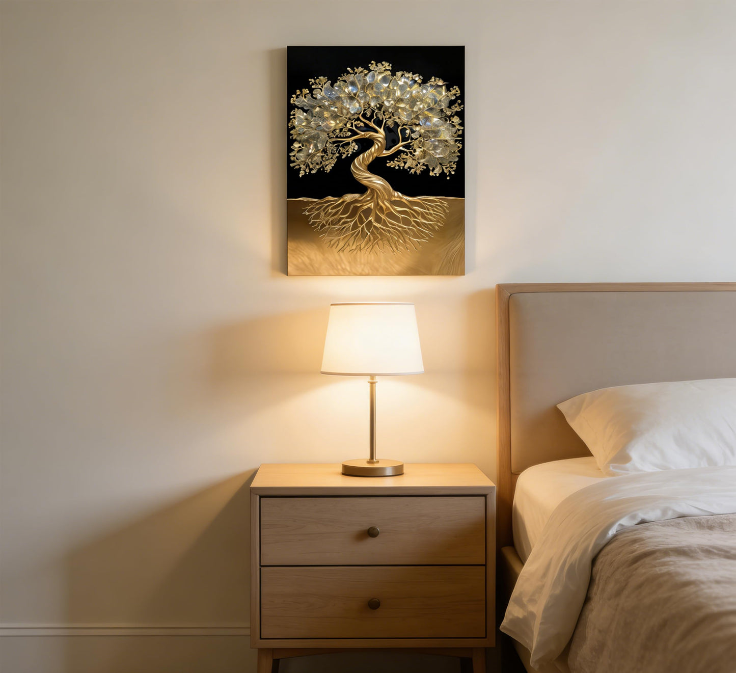 Tree of Life Canvas Wall Art Healing Crystal Painting Picture Wall Decor Golden Minimalist Theme Poster Print Artwork for living room Bathroom Bedroom Office Hallway Home Decoration