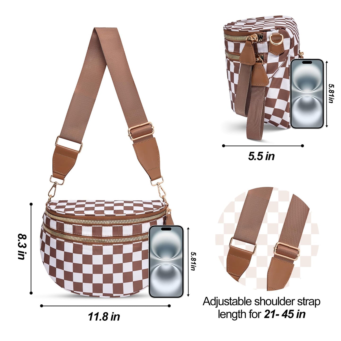 Checkered Crossbody Bag,Nylon Bum Bags for Women Crossbody,Spacious Sling Bag Purse Fanny Packs with Shoulder Strap