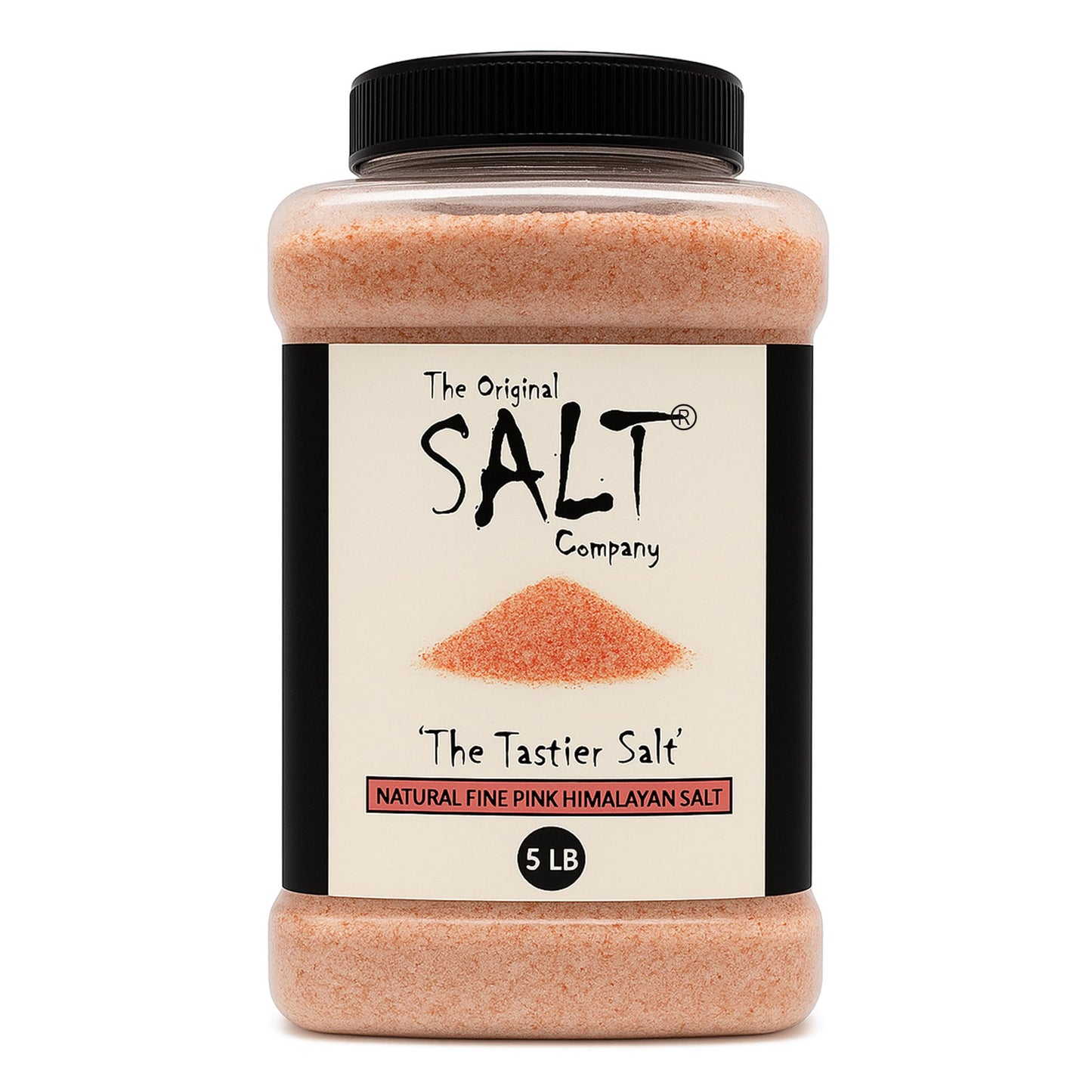 The Original Salt Company Pink Himalayan Salt, 5 LB Food-Grade Plastic Container 100% organic, kosher, fine grain, and gluten-free. Perfect for cooking, seasoning, and enhancing dishes with its mild, mineral-rich flavor.