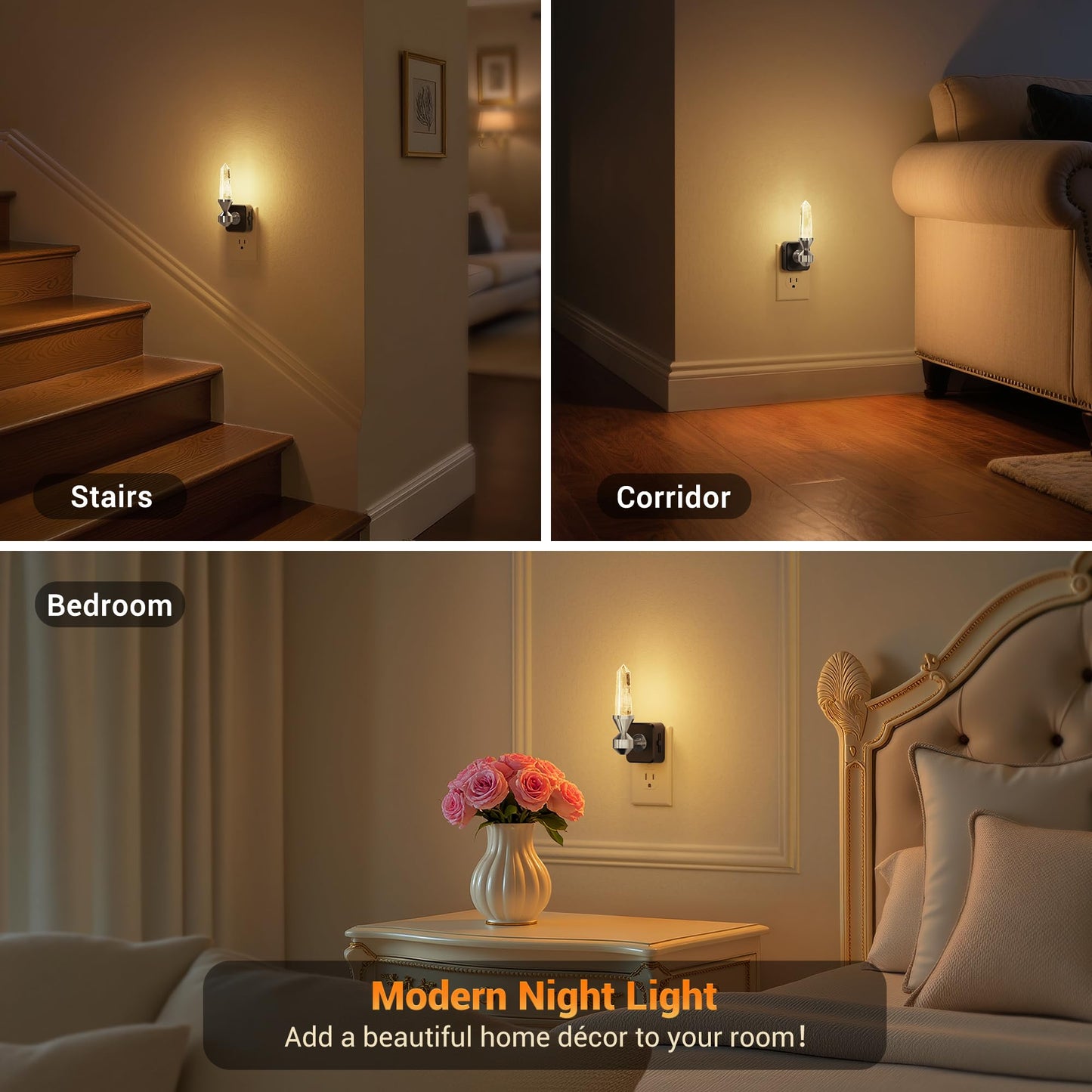 JandCase Healing Crystals LED Night Light Plug into Wall, 2 Pack Dimmable Night Lights witih Clear Quartz Tower, Dusk to Dawn Sensor Nightlights for Meditation Living Room Bedroom Home Decor