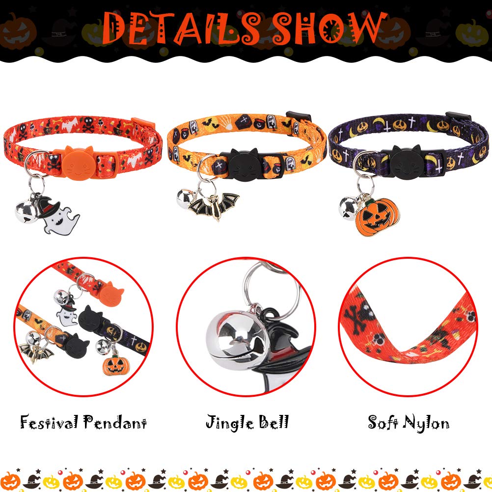 EXPAWLORER Halloween Cat Collar Breakaway - 3 Pack Soft Adjustable Kitten Collars with Bells & Cute Festival Pendants, Holiday Pet Collars for Cats with Safety Buckle
