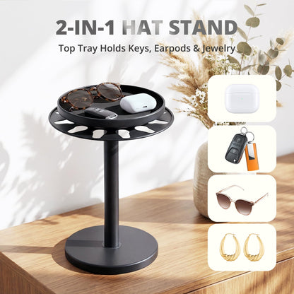 kondyfayo 360° Rotating Hat Organizer for Baseball Caps, Stainless Steel Hat Rack Holder with Top Storage Tray for Small Essentials, Ball Cap Storage Organizer for Closet, Entryway, Display (M-Black)