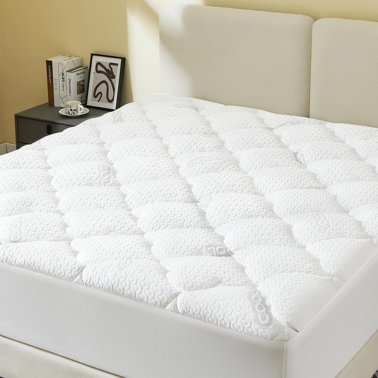 GOLDBOVER Mattress Topper Queen, 2 inch Ultra Soft Quilted Fitted Mattress Pad Cooling Mattress Cover with Thin Down Alternative Filling Noiseless & Breathable (8-21”Deep Pocket)