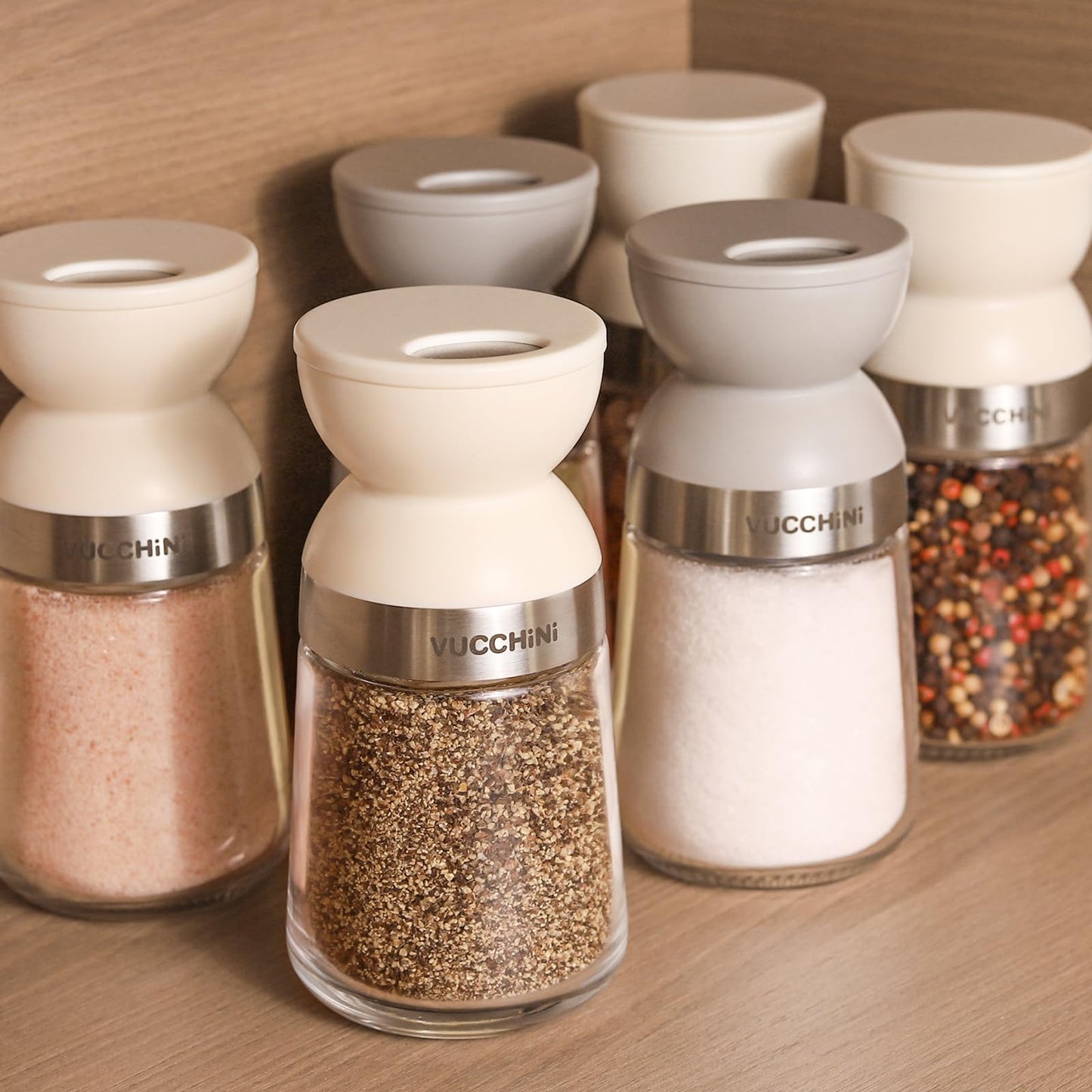 Vucchini Salt and Pepper Shaker Set 3 Adjustable Pour Holes, Dishwasher Safe, 5oz Large Capacity Spice Shaker for Kitchen & Camping (Cream)