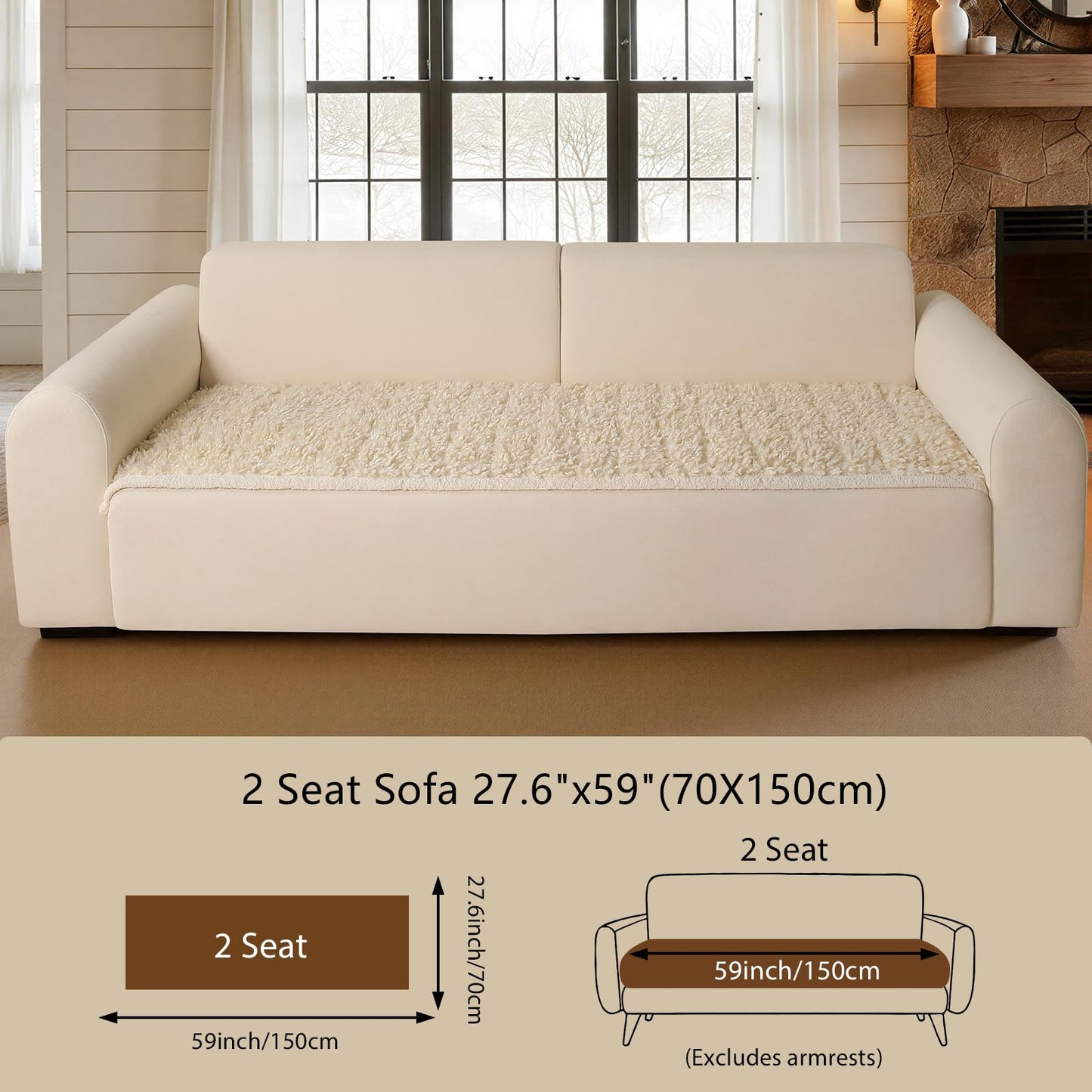 OHSIO Couch Cover for Pets, Washable Non-Slip Sofa Cover Pet Friendly, Soft Fuzzy Teddy Fleece Sofa Slipcover for 2 Cushion Sofa Furniture Protector (Ivory, 27.6" x 59")