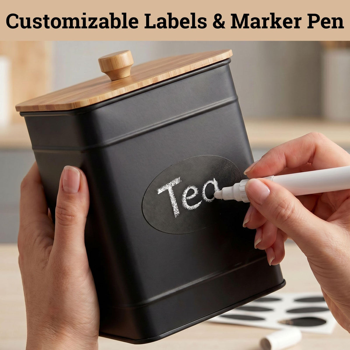 Kitchen Canisters for Countertop Set of 3 with Customizable Chalkboard Labels & Marker Pen - Big Iron Kitchen Canisters with Airtight Lids - Black Canister Set - Flour and Sugar Containers Farmhouse