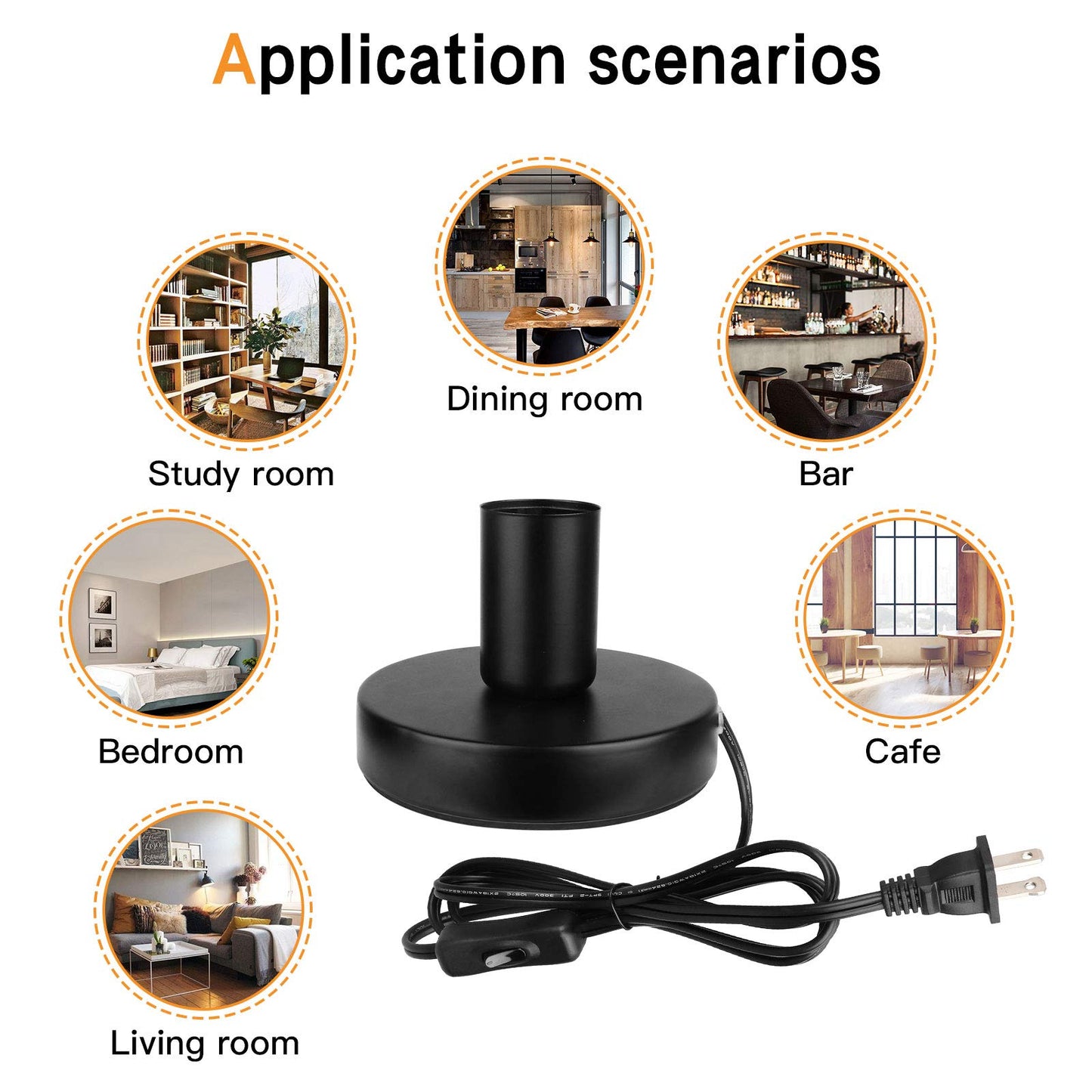 Helunsi Industrial Table Lamp Base, E26 E27 Lamp Base Without Shade, Mini Short Desk Lamp Exposed Bulb Base, Simple Metal Edison Light Bulb Stand, with 5.8ft Cord Switch Plug Bulb Base Holder (Black)