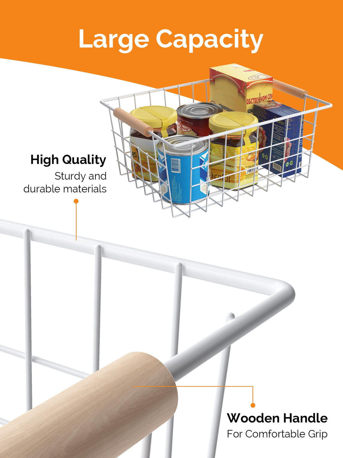 Wire Basket with Wooden Handle, Metal Utility Storage Basket for Organizing Kitchen Pantry Cabinets, Closet and Garage Shelves Drawers, Office Metal Basket Storage Organizer with Handle (White 2 Pack)