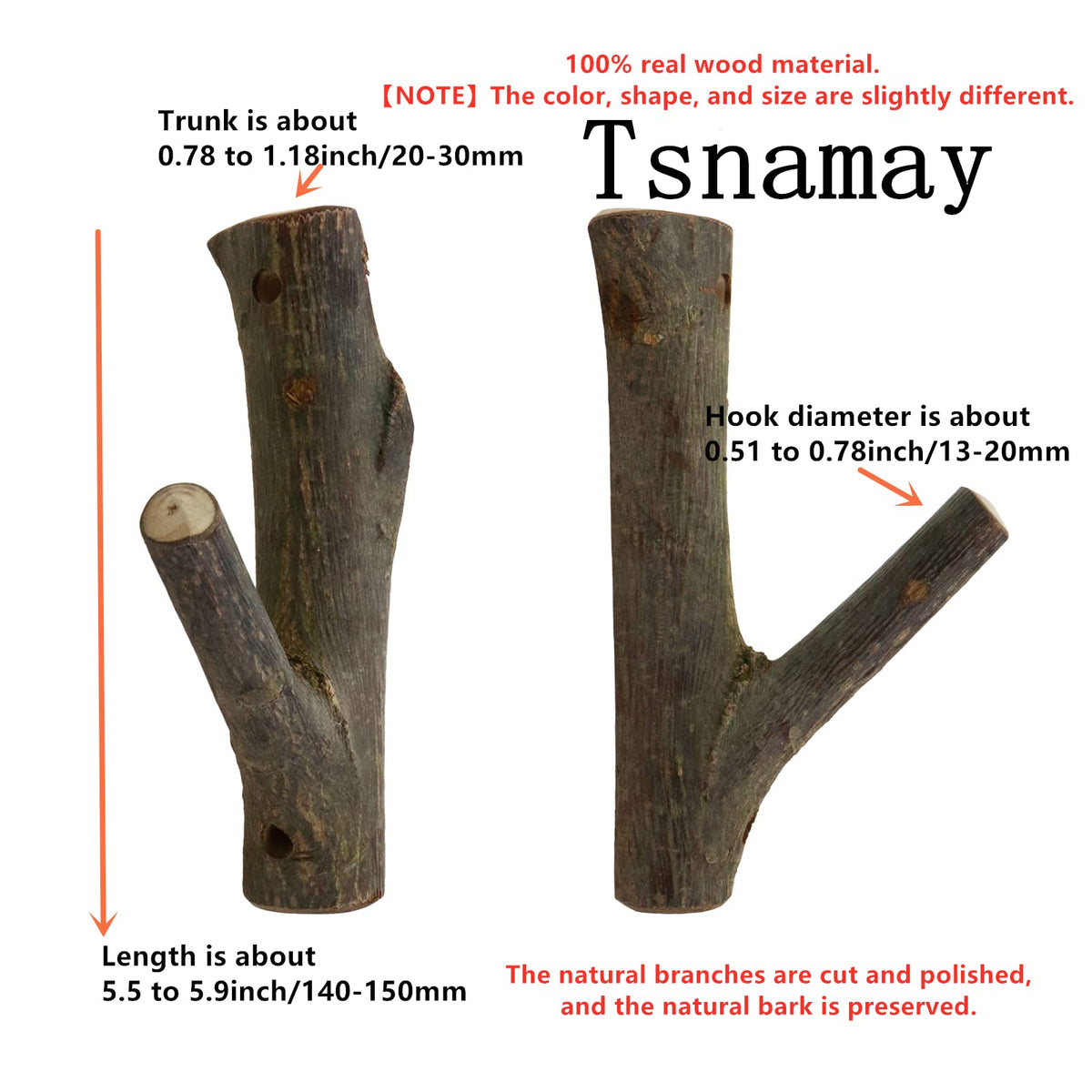 Tsnamay 2Pcs Real Wood Tree Branch Wall Hook, Farmhouse Rustic Decorative Wooden with Bark Trunk Thickness 2cm-3cm with Screw